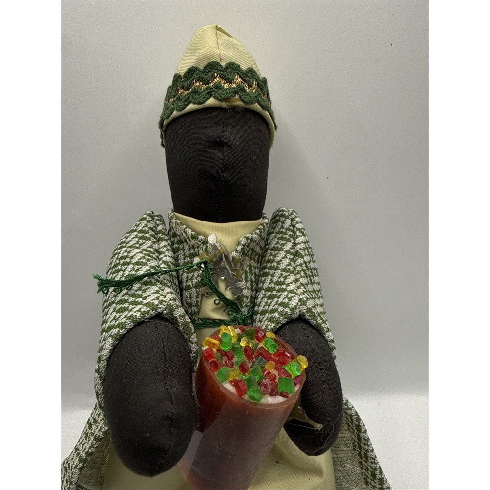 Vintage Handmade Folk Art Black Cloth Doll Green Tweed Coat Dress Cup of Candy - Picture 2 of 12